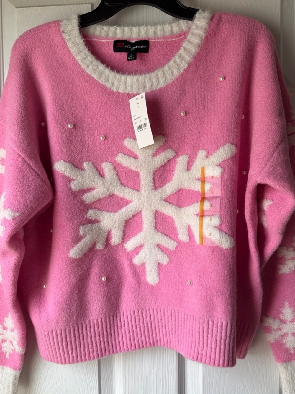 33 Degrees Pink Snowflake Pearl-Accent Crewneck Sweater